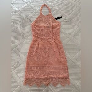 Bobi Black Pink Lace High Neck Halter Midi Dress